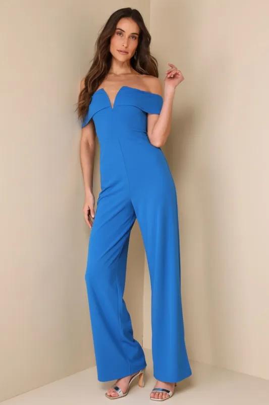 My Favorite Night Bright Blue Off-the-Shoulder Jumpsuit sold by Lulus