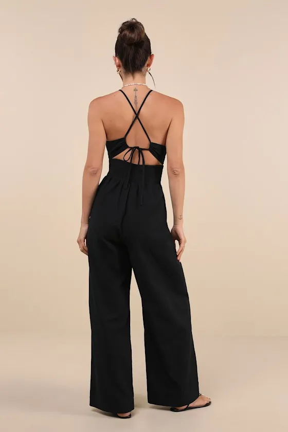 Covetable Vibe Black Linen Lace-Up Backless Wide-Leg Jumpsuit sold by Lulus product image thumbnail 2
