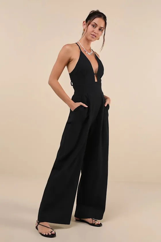 Covetable Vibe Black Linen Lace-Up Backless Wide-Leg Jumpsuit sold by Lulus product image thumbnail 3
