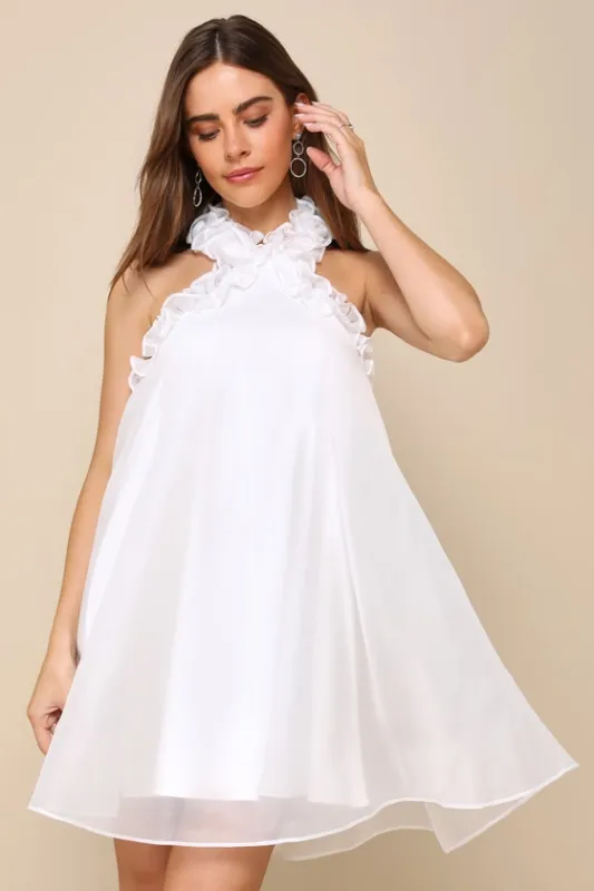 Perfect Stunner White Organza Ruffled Halter Mini Dress sold by Lulus