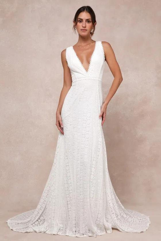 Infinite Bliss Ivory Lace Sleeveless Backless Trumpet Maxi Dress sold by Lulus