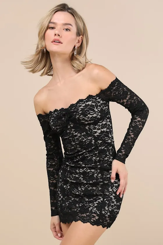 Mesmerizing Intent Black Lace Off-the-Shoulder Mini Dress sold by Lulus product image thumbnail 2