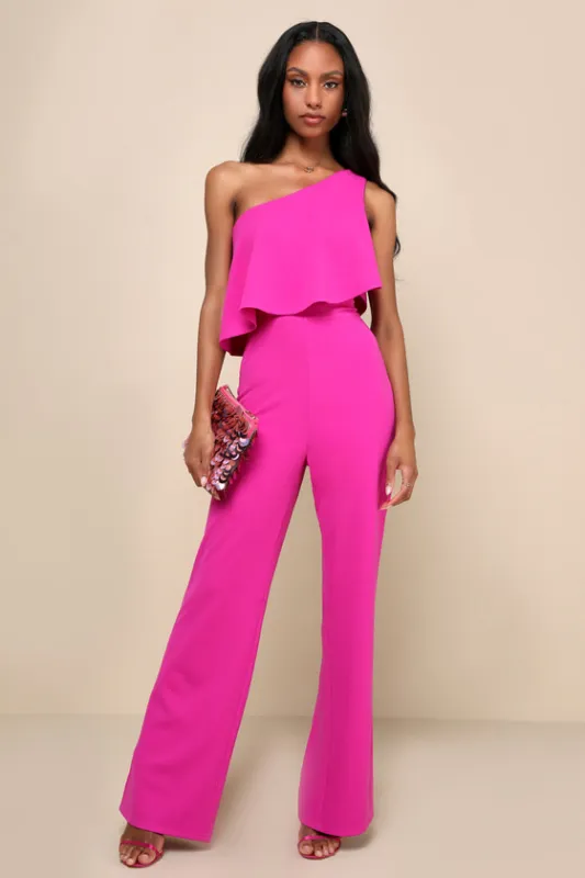 Flawless Vibes Magenta One-Shoulder Tiered Wide-Leg Jumpsuit sold by Lulus