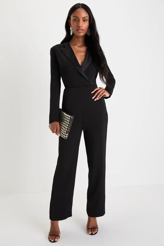 Impressive Presence Black Collared Straight Leg Jumpsuit sold by Lulus