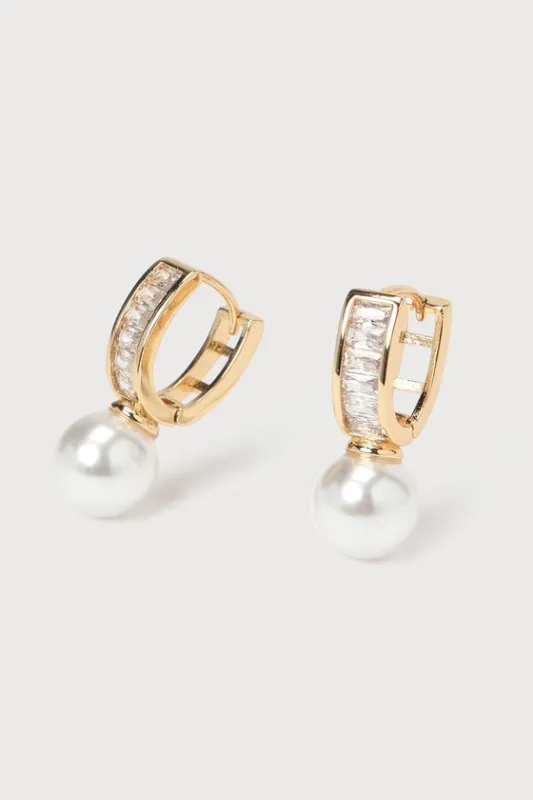 Striving for Shine 14KT Gold Pearl Huggie Earrings sold by Lulus