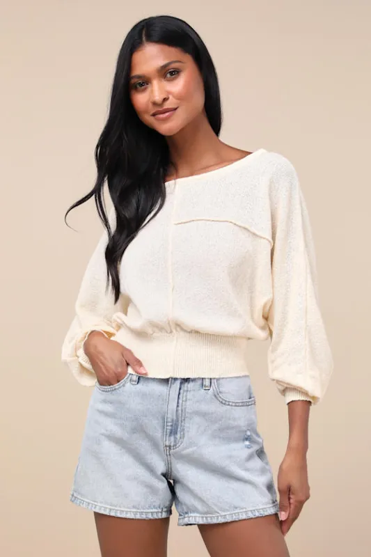 Simple Coziness Cream Exposed Seam Dolman Sleeve Sweater sold by Lulus