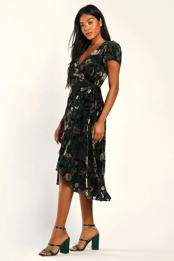 Chic Status Emerald Green Floral Velvet Burnout Wrap Midi Dress sold by Lulus product image thumbnail 2