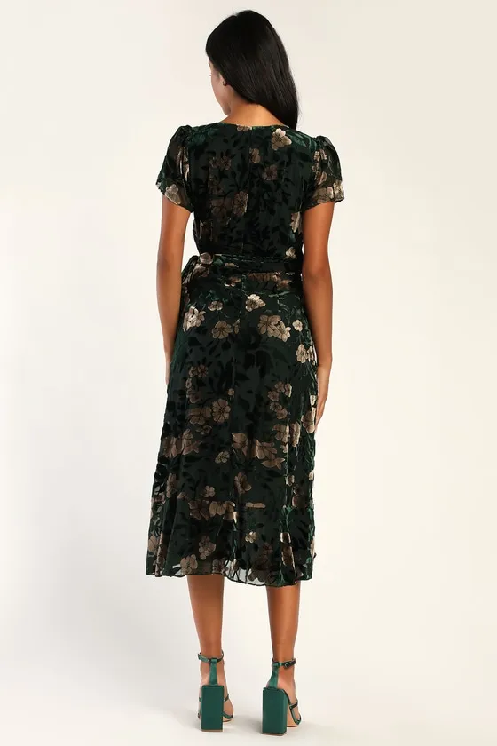 Chic Status Emerald Green Floral Velvet Burnout Wrap Midi Dress sold by Lulus product image thumbnail 4