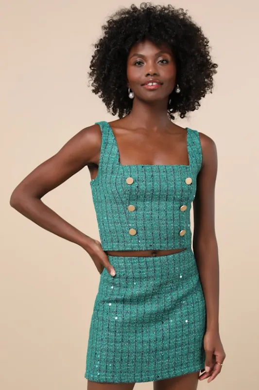 Exceptional Season Green Tweed Lurex Sequin Mini Skirt sold by Lulus