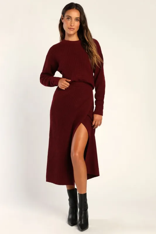 Autumn Sweetheart Burgundy Waffle Knit Two-Piece Sweater Dress sold by Lulus