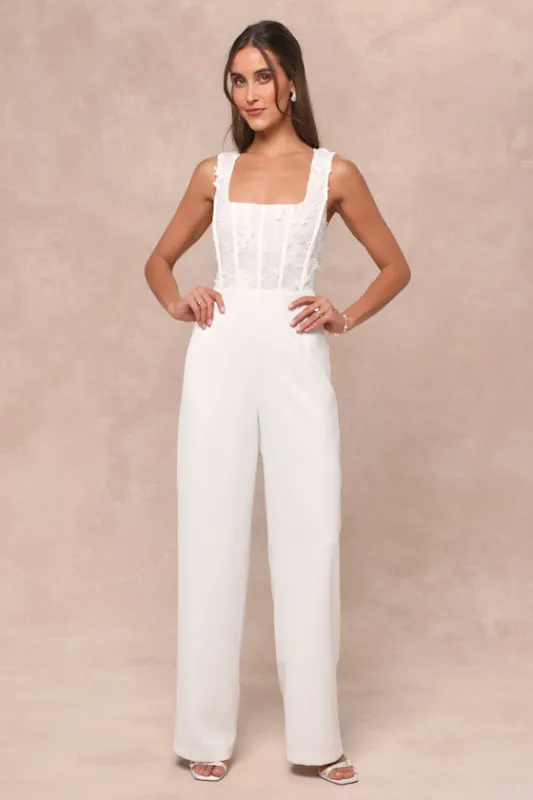Truly Profound White Mesh 3D Floral Embroidered Bustier Jumpsuit sold by Lulus