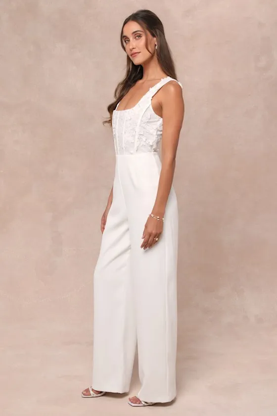 Truly Profound White Mesh 3D Floral Embroidered Bustier Jumpsuit sold by Lulus product image thumbnail 4