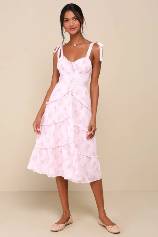 Unbelievably Darling Pink Floral Buster Tie-Strap Midi Dress sold by Lulus