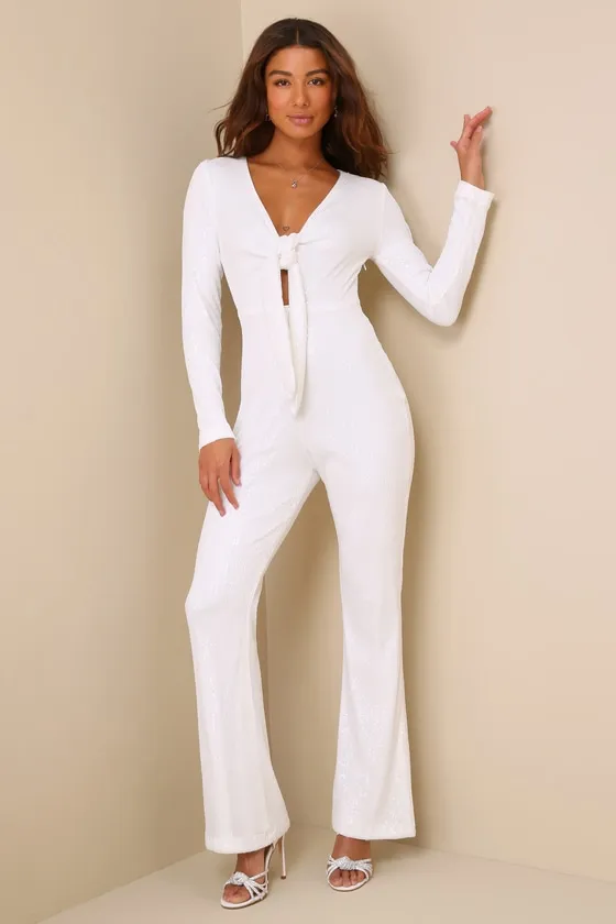 Luminous Style White Sequin Tie-Front Long Sleeve Jumpsuit sold by Lulus