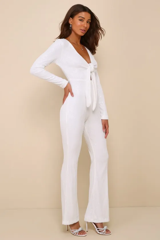 Luminous Style White Sequin Tie-Front Long Sleeve Jumpsuit sold by Lulus product image thumbnail 2