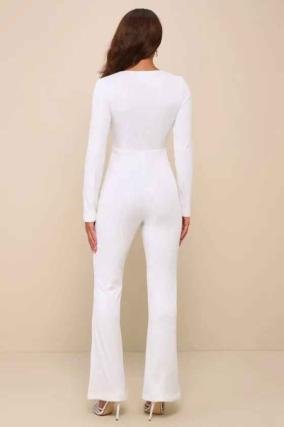 Luminous Style White Sequin Tie-Front Long Sleeve Jumpsuit sold by Lulus product image thumbnail 3