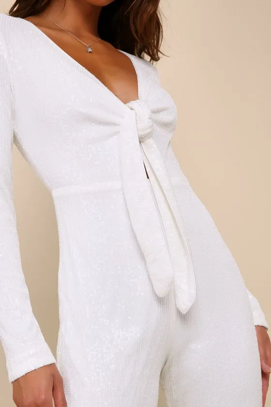 Luminous Style White Sequin Tie-Front Long Sleeve Jumpsuit sold by Lulus product image thumbnail 4