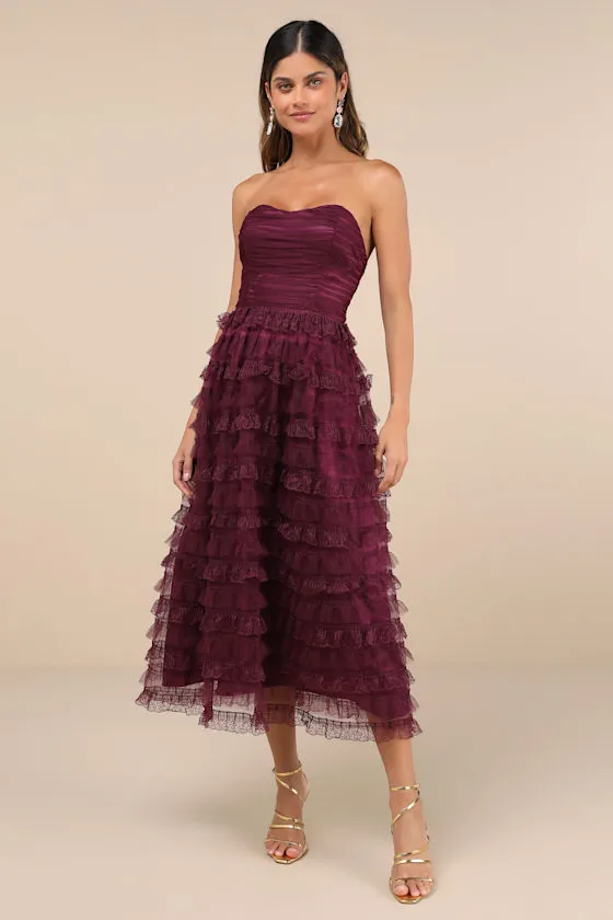 Immensely Exquisite Purple Tulle Strapless Tiered Midi Dress sold by Lulus