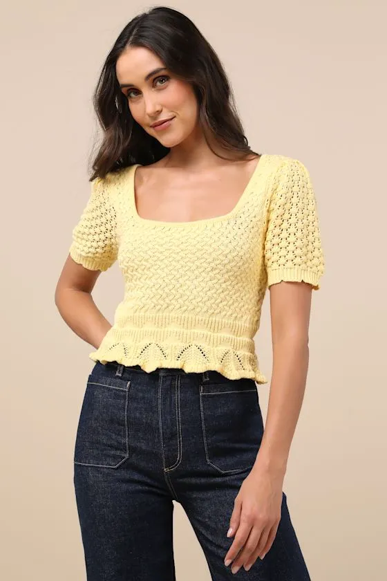 Lucky Cutie Bright Yellow Crochet Short Sleeve Sweater Top sold by Lulus