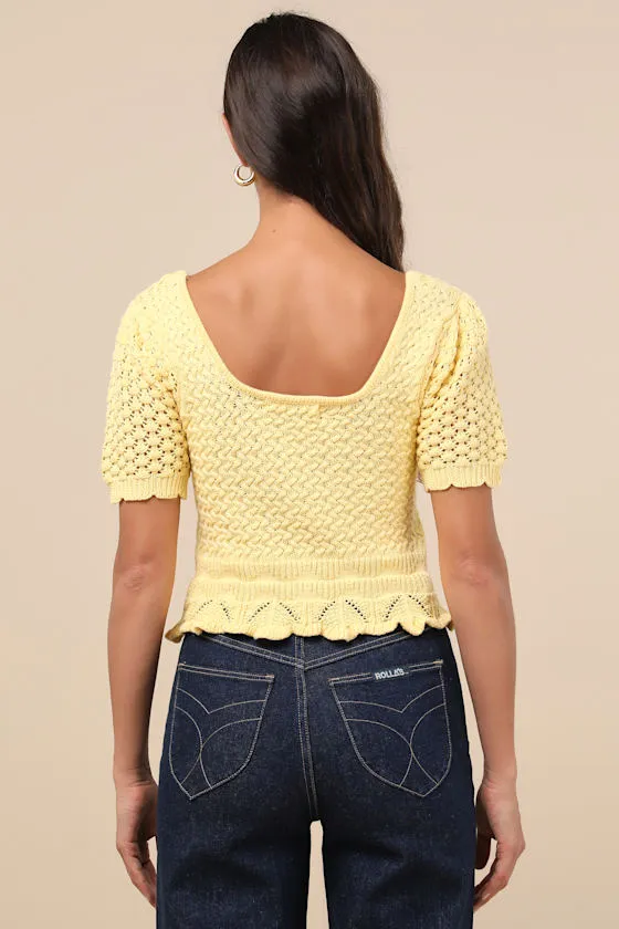Lucky Cutie Bright Yellow Crochet Short Sleeve Sweater Top sold by Lulus product image thumbnail 2