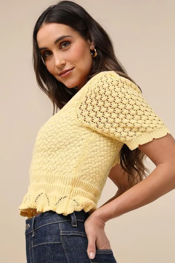 Lucky Cutie Bright Yellow Crochet Short Sleeve Sweater Top sold by Lulus product image thumbnail 3