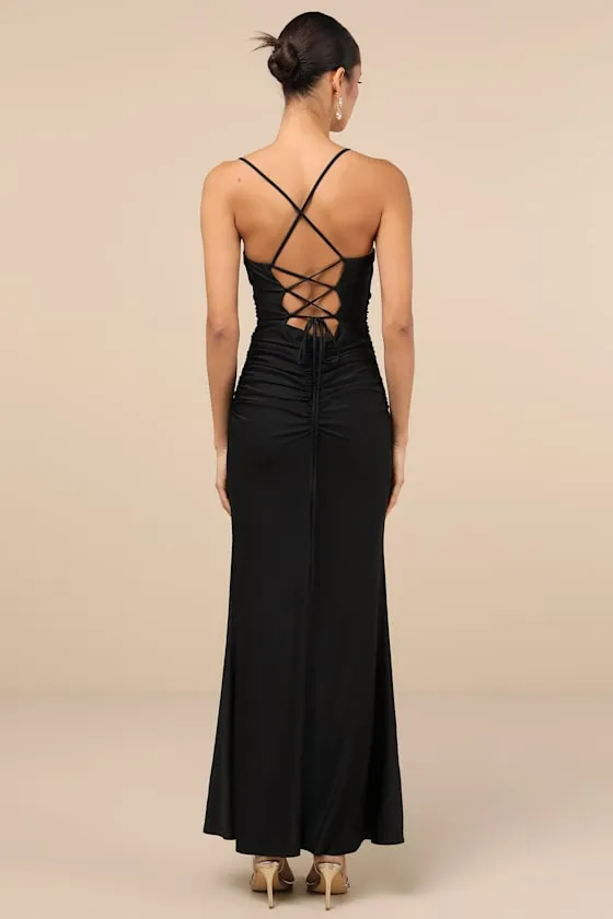Elese Black Slinky Knit Lace-Up Mermaid Maxi Dress sold by Lulus product image thumbnail 2