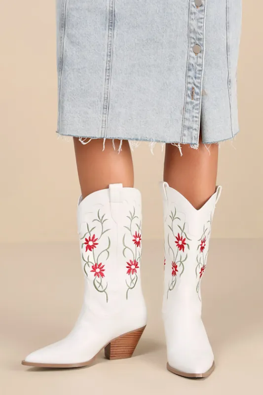 Allison White Embroidered Mid-Calf Western Boots sold by Lulus