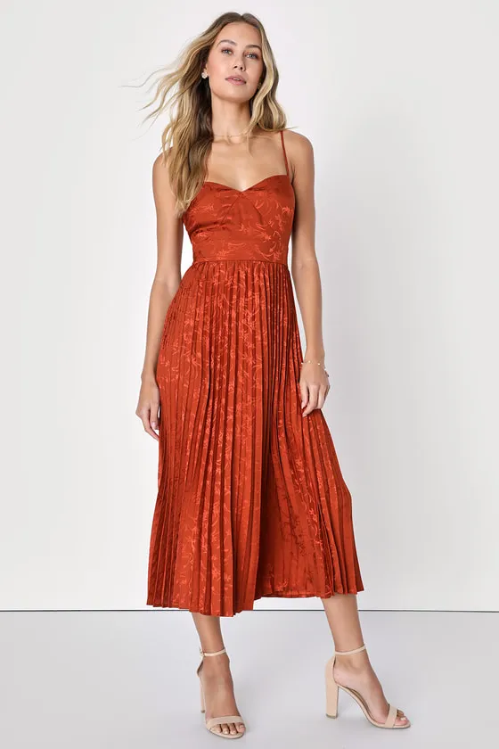 Regal Romance Rust Floral Jacquard Pleated Satin Midi Dress sold by Lulus