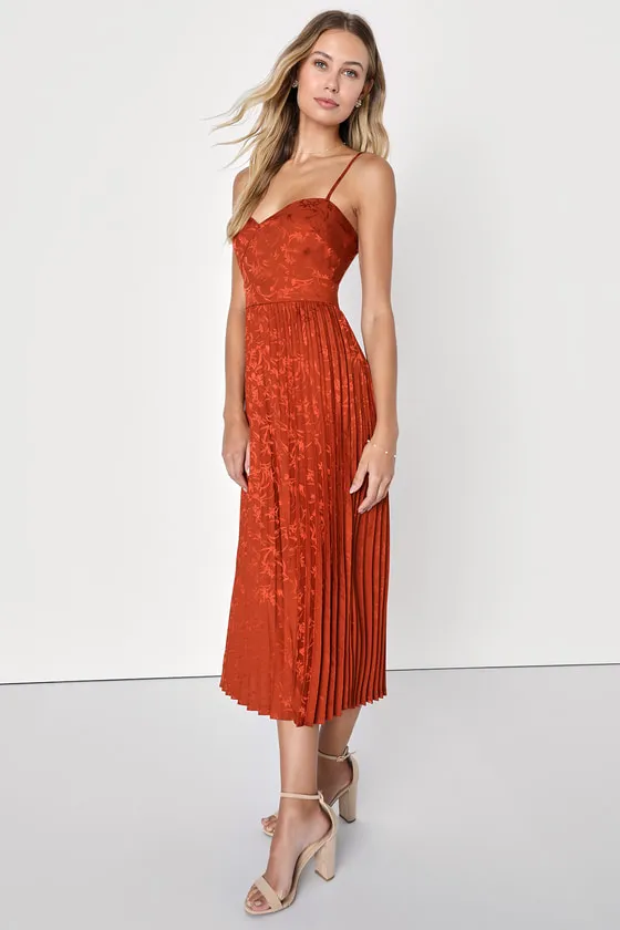 Regal Romance Rust Floral Jacquard Pleated Satin Midi Dress sold by Lulus product image thumbnail 3