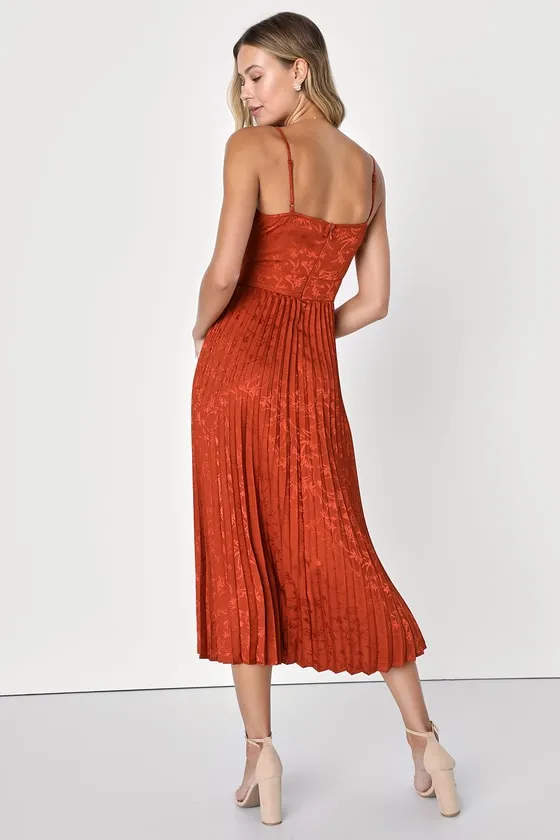 Regal Romance Rust Floral Jacquard Pleated Satin Midi Dress sold by Lulus product image thumbnail 4