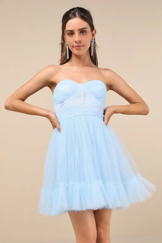 Lovely Flirtation Light Blue Tulle Strapless Bustier Mini Dress sold by Lulus