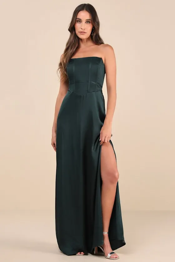 Extraordinary Presence Dark Green Satin Strapless Maxi Dress sold by Lulus