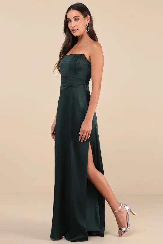Extraordinary Presence Dark Green Satin Strapless Maxi Dress sold by Lulus product image thumbnail 4