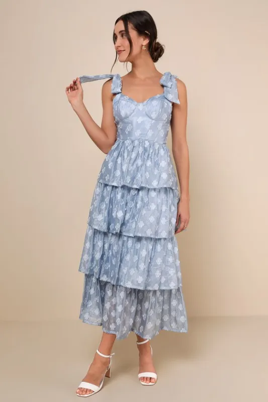 Gorgeous Excellence Light Blue Floral Burnout Tiered Midi Dress sold by Lulus