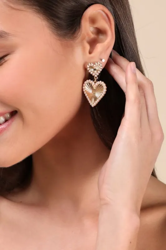 Lavish Loveliness Gold Textured Pearl Heart Earrings sold by Lulus
