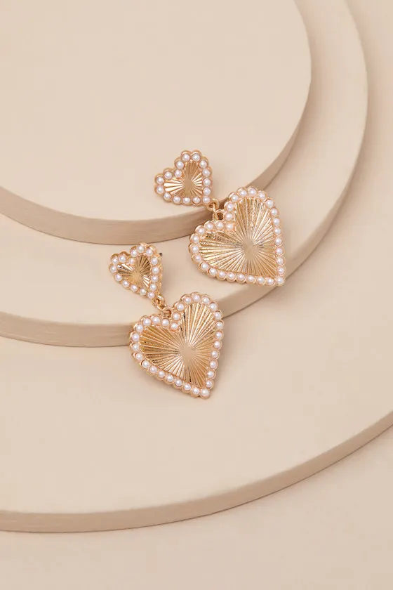 Lavish Loveliness Gold Textured Pearl Heart Earrings sold by Lulus product image thumbnail 3