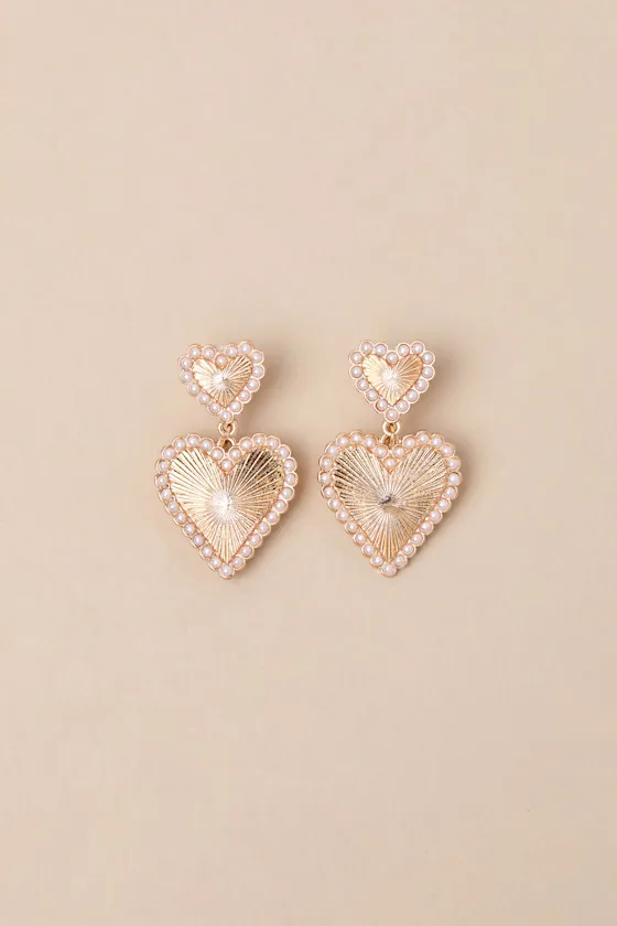 Lavish Loveliness Gold Textured Pearl Heart Earrings sold by Lulus product image thumbnail 4