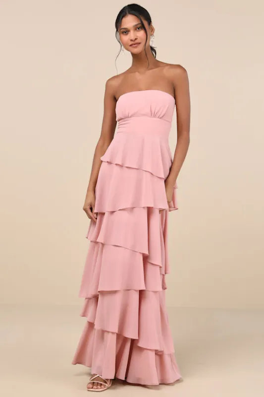 Gorgeous Essence Blush Strapless Tiered Maxi Dress sold by Lulus