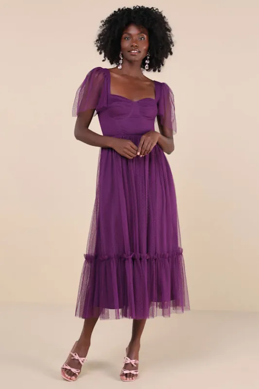 Dreamy Celebration Plum Purple Tulle Bustier Swiss Dot Midi Dres sold by Lulus