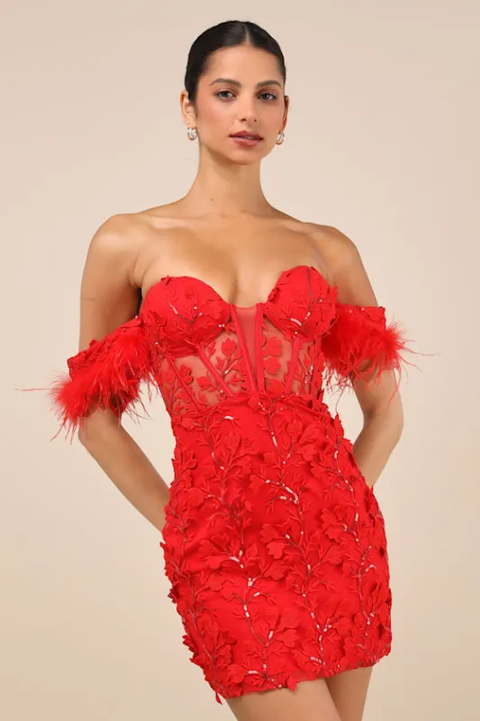 Midnight Sparkle Red Embroidered Feather Bustier Mini Dress sold by Lulus
