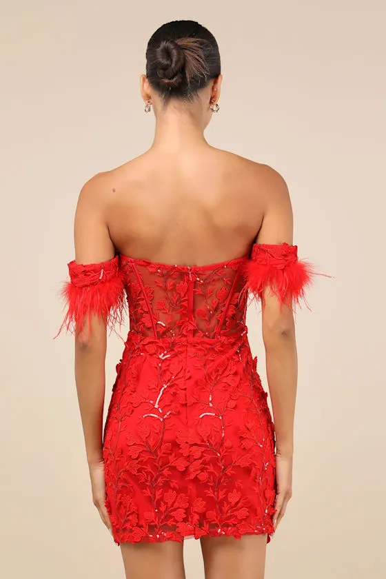 Midnight Sparkle Red Embroidered Feather Bustier Mini Dress sold by Lulus product image thumbnail 2