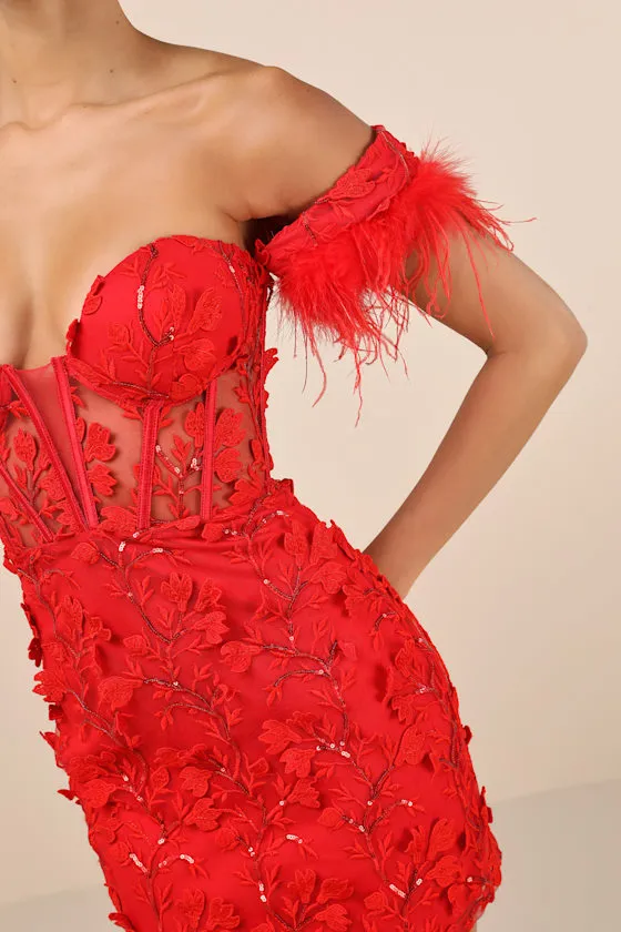 Midnight Sparkle Red Embroidered Feather Bustier Mini Dress sold by Lulus product image thumbnail 4