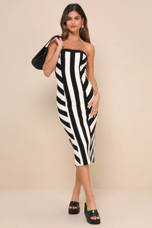 Captivating Choice Black and Ivory Striped Strapless Midi Dress sold by Lulus
