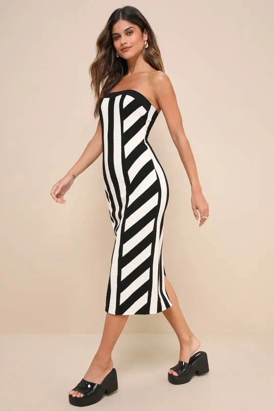 Captivating Choice Black and Ivory Striped Strapless Midi Dress sold by Lulus product image thumbnail 3