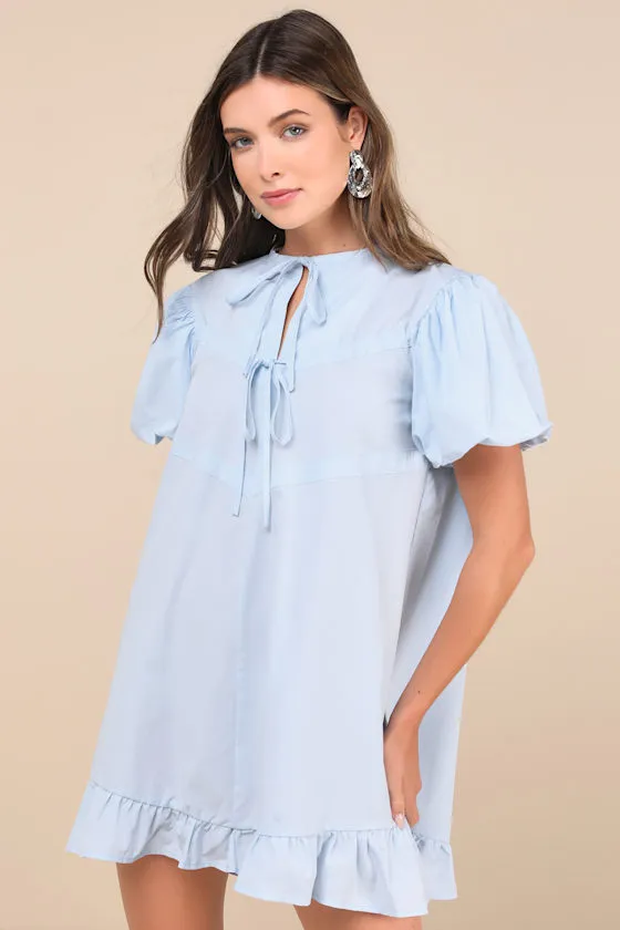 Darling Drawstring Blue Puff Sleeve Shift Mini Dress sold by Lulus