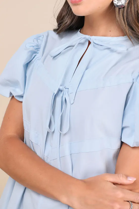 Darling Drawstring Blue Puff Sleeve Shift Mini Dress sold by Lulus product image thumbnail 4