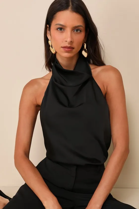 Chic Event Black Satin Cowl Backless Halter Top sold by Lulus