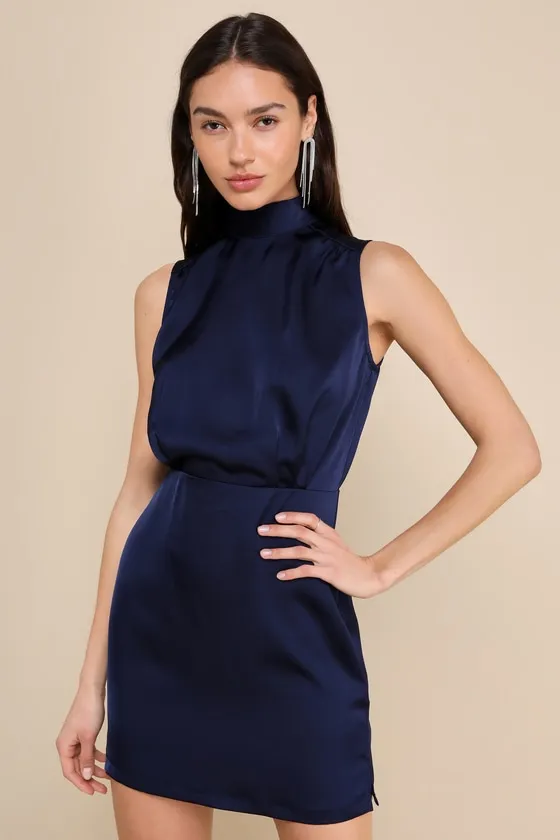Classic Elegance Navy Satin Sleeveless Mock Neck Mini Dress sold by Lulus