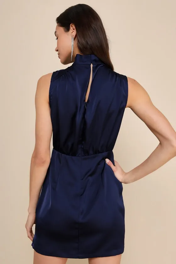 Classic Elegance Navy Satin Sleeveless Mock Neck Mini Dress sold by Lulus product image thumbnail 2