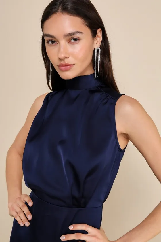 Classic Elegance Navy Satin Sleeveless Mock Neck Mini Dress sold by Lulus product image thumbnail 4